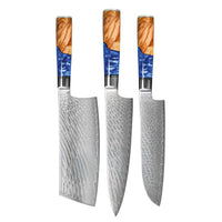 Shinrai Knives - Juego de 3 cuchillos de Damasco con acabado de zafiro epoxi - Cuchillo de chef + Nakiri + Santoku Shinrai Knives