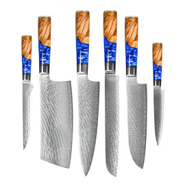 Shinrai Japón - Juego de cuchillos Damasco de 6 piezas con zafiro epoxi Shinrai Knives - Epoxy Sapphire 6-delige Damascus Messenset Messenset Shinrai Knives