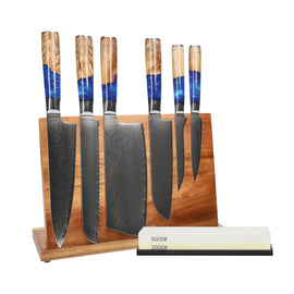 Cuchillos Shinrai - Juego de 6 cuchillos de zafiro epoxi + bloque de cuchillos + piedra de afilar Shinrai Knives - Epoxy Sapphire 6-delige Messenset + Messenblok + Slijpsteen Messenset met blok en slijpsteen Shinrai Knives