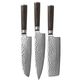 Cuchillos Shinrai - Juego de 3 cuchillos de damasco martillado BR: cuchillo de chef, nakiri y santoku Shinrai Knives - Hammered Damast BR 3-delige Messenset - Koksmes + Nakiri + Santoku Messenset Shinrai Knives