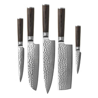 Cuchillos Shinrai - Juego de cuchillos de Damasco martillado BR de 5 piezas + Bloque de cuchillos de doble filo Cito Juego de cuchillos con bloque Cuchillos Shinrai