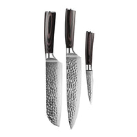 Juego de cuchillos Shinrai de acero inoxidable martillado de 3 piezas: cuchillo de chef, cuchillo Santoku y cuchillo para pelar.