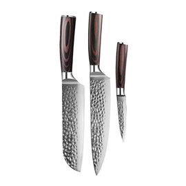 Cuchillos Shinrai - Juego de 3 cuchillos de acero inoxidable martillado: cuchillo de chef, santoku y cuchillo para pelar Shinrai Knives - Hammered RVS 3-delige Messenset - Koksmes + Santoku + Schilmes Messenset Shinrai Knives