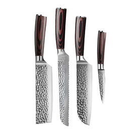 Cuchillos Shinrai - Juego de 4 cuchillos de acero inoxidable martillado: Santoku, cuchillo para pan, nakiri y cuchillo para pelar Shinrai Knives - Hammered RVS 4-delige Messenset - Santoku + Broodmes + Nakiri + Schilmes Messenset Shinrai Knives