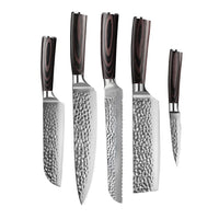 Couteaux Shinrai - Coffret de 5 couteaux en acier inoxydable martelé - Couteau de chef + Couteau à pain + Nakiri + Petit Santoku + Couteau d'office