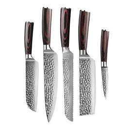 Cuchillos Shinrai - Juego de 5 cuchillos de acero inoxidable martillado: cuchillo de chef, cuchillo de pan, nakiri, santoku pequeño y cuchillo para pelar Shinrai Knives - Hammered RVS 5-delige Messenset - Koksmes + Broodmes + Nakiri + Kleine Santoku + Schilmes Messenset Shinrai Knives