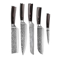 Juego de cuchillos Shinrai de acero inoxidable martillado de 5 piezas: cuchillo de chef + cuchillo de pan + nakiri + santoku + cuchillo pelador.