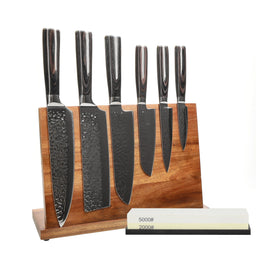 Cuchillos Shinrai - Juego de 6 cuchillos de acero inoxidable martillado + bloque de cuchillos + piedra de afilar Shinrai Knives - Hammered RVS 6-delige Messenset + Messenblok + Slijpsteen Messenset met blok en slijpsteen Shinrai Knives