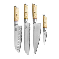 Shinrai Knives - Juego de 4 piezas Hikari Damascus - Cuchillo chef + Santoku + Cuchillo para pan + Cuchillo pelador Shinrai Knives Knife Set