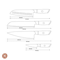 Shinrai Knives - Juego de 4 piezas Hikari Damascus - Cuchillo chef + Santoku + Cuchillo para pan + Cuchillo pelador Shinrai Knives Knife Set