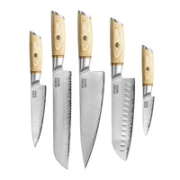 Cuchillos Shinrai - Juego de 5 cuchillos Hikari Damascus + Bloque de cuchillos de doble cara Juego de cuchillos con bloque Cuchillos Shinrai