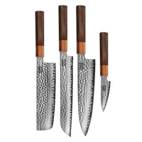 Cuchillos Shinrai - Juego de 4 piezas Damascus exclusivo de Kigami - Cuchillo de chef + Cuchillo para pan + Nakiri + Cuchillo mondador Juego de cuchillos Shinrai Knives