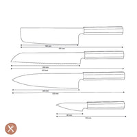 Cuchillos Shinrai - Juego de 4 piezas Damascus exclusivo de Kigami - Cuchillo de chef + Cuchillo para pan + Nakiri + Cuchillo mondador Juego de cuchillos Shinrai Knives