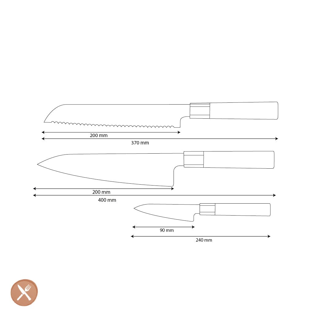 Juego de cuchillos Shinrai Knives - Kurayami de 3 piezas de acero de Damasco - Cuchillo de chef + Cuchillo para pan + Cuchillo pelador. Juego de cuchillos Shinrai Knives.