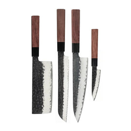Shinrai Knives - Juego de cuchillos Damasco Kurayami de 4 piezas - Cuchillo de chef + Cuchillo para pan + Nakiri + Cuchillo pelador Shinrai Knives - Kurayami 4-delige Damascus Messenset - Koksmes + Broodmes + Nakiri + Schilmes Messenset Shinrai Knives