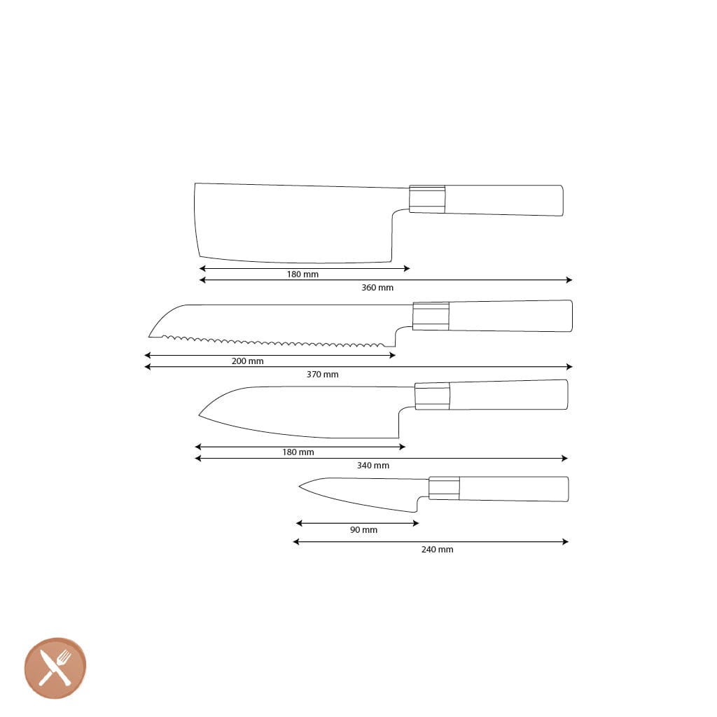 Cuchillos Shinrai - Juego de cuchillos Damasco Kurayami de 4 piezas - Santoku + Cuchillo para pan + Nakiri + Cuchillo pelador Juego de cuchillos Shinrai Knives
