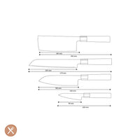Cuchillos Shinrai - Juego de cuchillos Damasco Kurayami de 4 piezas - Santoku + Cuchillo para pan + Nakiri + Cuchillo pelador Juego de cuchillos Shinrai Knives