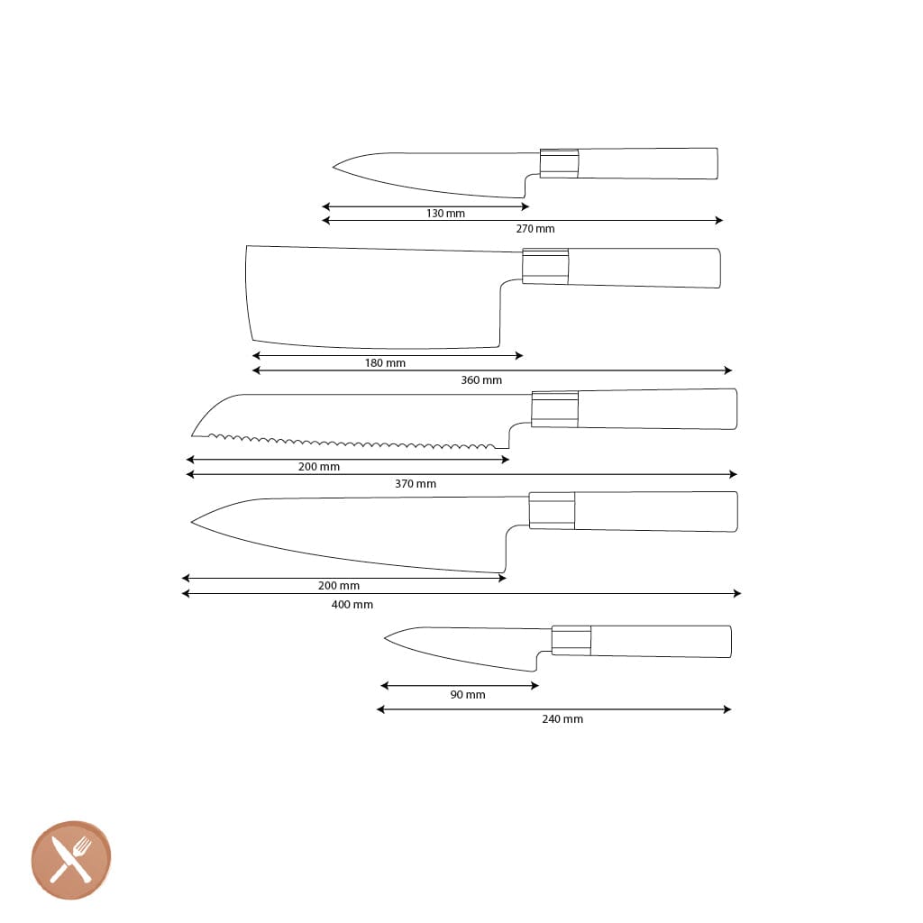 Shinrai Knives - Juego de cuchillos Damasco Kurayami de 5 piezas - Cuchillo de chef + Cuchillo para pan + Nakiri + Cuchillo pelador + Cuchillo para pelar Shinrai Knives Juego de cuchillos