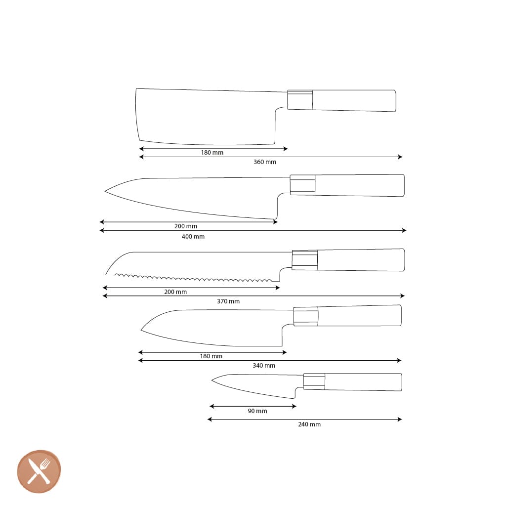 Shinrai Knives - Juego de cuchillos Damasco Kurayami de 5 piezas - Cuchillo de chef + Cuchillo para pan + Nakiri + Santoku + Cuchillo pelador Shinrai Knives Knife Set