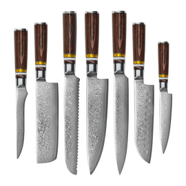 Micarta Jewels Juego de cuchillos Damasco de 7 piezas Shinrai Knives - Micarta Jewels 7-delige Damascus Messenset Messenset Shinrai Knives