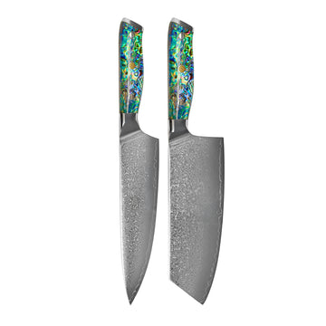 Shinrai Knives - Parelmoer Jewels 2-delige Damascus Messenset - Koksmes + Nakiri Messenset Shinrai Knives