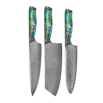 Shinrai Knives - Parelmoer Jewels 3-delige Damascus Messenset - Koksmes + Nakiri + Santoku Messenset Shinrai Knives