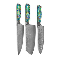 Cuchillos Shinrai - Juego de 3 cuchillos de Damasco con incrustaciones de nácar - Cuchillo de chef + Nakiri + Santoku