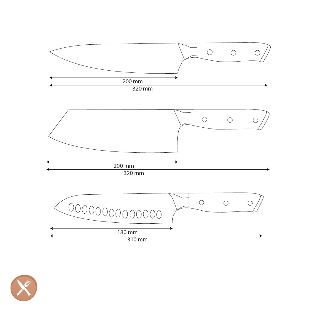 Cuchillos Shinrai - Juego de 3 cuchillos de Damasco con incrustaciones de nácar - Cuchillo de chef + Nakiri + Santoku