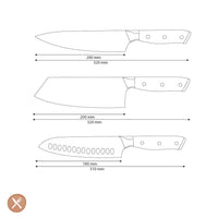 Cuchillos Shinrai - Juego de 3 cuchillos de Damasco con incrustaciones de nácar - Cuchillo de chef + Nakiri + Santoku
