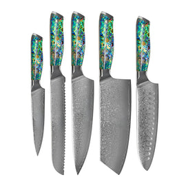 Juego de cuchillos de Damasco de 5 piezas de la serie Mother of Pearl Jewels Shinrai Knives - Parelmoer Jewels 5-delige Messenset + Messenblok Stans Messenset met blok Shinrai Knives
