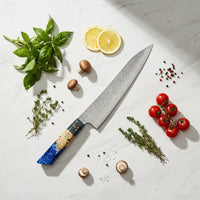 Cuchillos Shinrai - Cuchillo de chef de Damasco con joyas de epoxi de zafiro de 23 cm - Edición especial de cuchillos de chef Shinrai