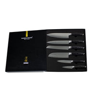 Serie de madera Damask Pakka - Juego de cuchillos de 6 piezas + soporte de acacia, de un solo lado, Shinrai Japón