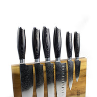 Serie de madera Damask Pakka - Juego de cuchillos de 6 piezas + soporte de acacia, de un solo lado, Shinrai Japón