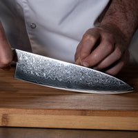 Serie de madera Damask Pakka - Juego de cuchillos de 6 piezas + soporte de acacia, de un solo lado, Shinrai Japón