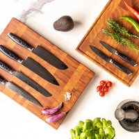 Serie de madera Damask Pakka - Juego de cuchillos de 6 piezas + soporte de acacia estilo 1 Shinrai Japón