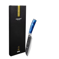 Serie japonesa con estampado de zafiro epoxi de Damasco - Cuchillo Santoku pequeño (13 cm) Cuchillos de cocina Shinrai Japón