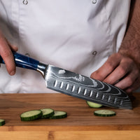 Cuchillo Santoku con estampado japonés de damasco y zafiro epoxi - Cuchillos de cocina Shinrai Japón