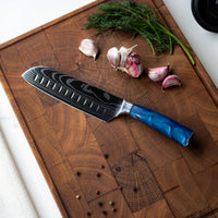 Cuchillo Santoku con estampado japonés de damasco y zafiro epoxi - Cuchillos de cocina Shinrai Japón