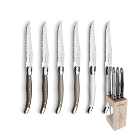 Lou Laguiole - Tradition 6 cuchillos para carne + bloque de cuchillos - Pimienta/Perla/Taupe Lou Laguiole - Juego de 6 cuchillos para carne en bloque de madera - colores mixtos (pimienta/perla/gris topo) Cuchillo para carne Lou Laguiole