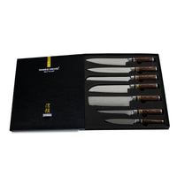 Juego de cuchillos de Damasco Micarta Jewels de 7 piezas + soporte de acacia, juegos de cuchillos de doble filo Shinrai Japón