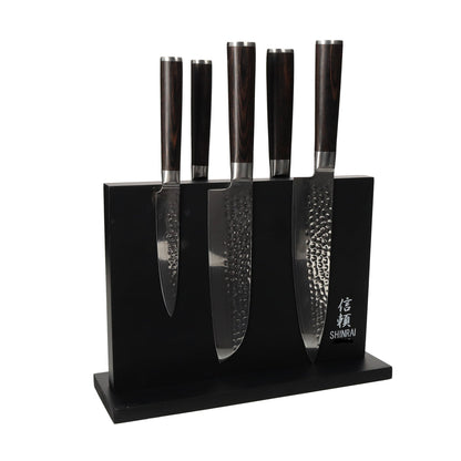 Shinrai Japan - Juego de cuchillos Hammered Damask BR de 5 piezas + bloque de cuchillos magnético de doble cara - Negro