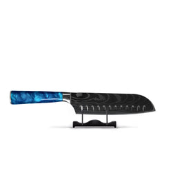 Zafiro epoxi con estampado de Damasco japonés - Cuchillo Santoku