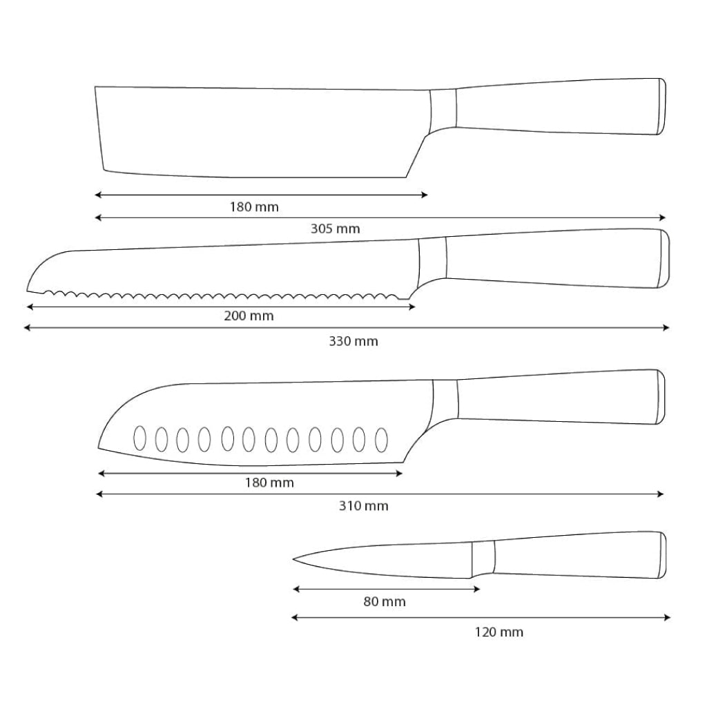 Couteaux Shinrai - Ensemble de 4 couteaux imprimés Damas - Santoku + Couteau à pain + Couteau Nakiri + Couteau d'office