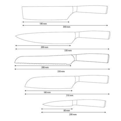 Shinrai Knives - Juego de 5 cuchillos de acero inoxidable martillado: cuchillo de chef, cuchillo de pan, nakiri, santoku y cuchillo para pelar