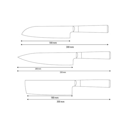 Shinrai Knives - Juego de 3 cuchillos de damasco martillado BR: cuchillo de chef, nakiri y santoku