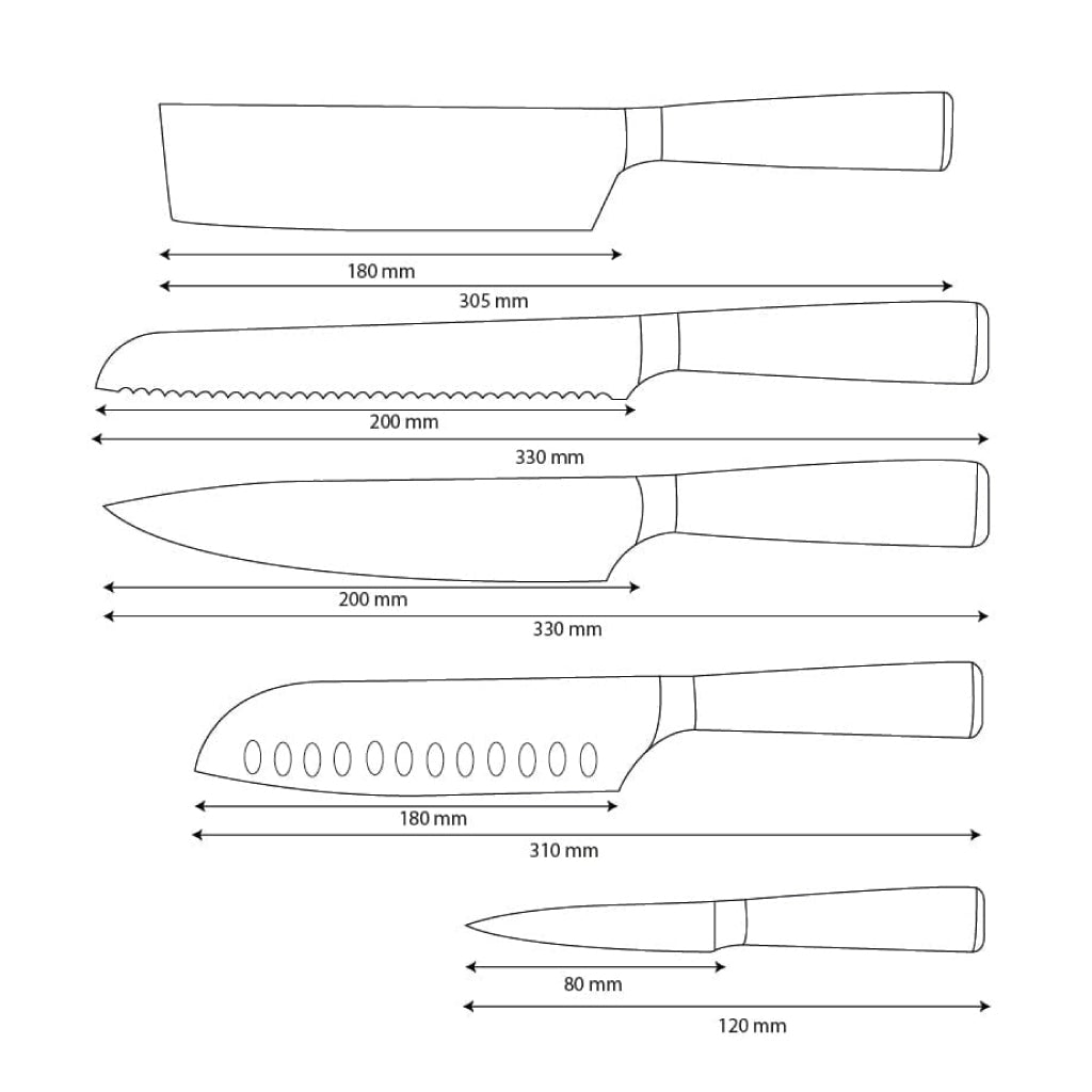 Cuchillos Shinrai - Juego de cuchillos con estampado de Damasco de 5 piezas - Cuchillo de chef + Cuchillo para pan + Nakiri + Santoku + Cuchillo pelador