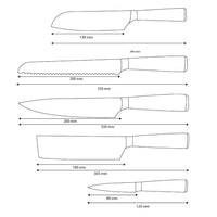 Cuchillos Shinrai - Juego de 5 cuchillos con estampado de Damasco: cuchillo de chef, cuchillo de pan, nakiri, santoku pequeño y cuchillo para pelar