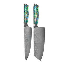 Cuchillos Shinrai - Juego de 2 cuchillos de Damasco con joyas de nácar - Cuchillo de chef + nakiri