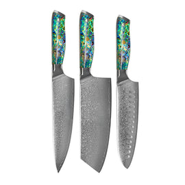 Cuchillos Shinrai - Juego de 3 cuchillos de Damasco con joyas de nácar: cuchillo de chef, nakiri y santoku