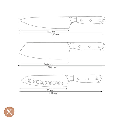 Shinrai Knives - Ensemble de 3 couteaux Damas en nacre - Couteau de chef + Nakiri + Santoku